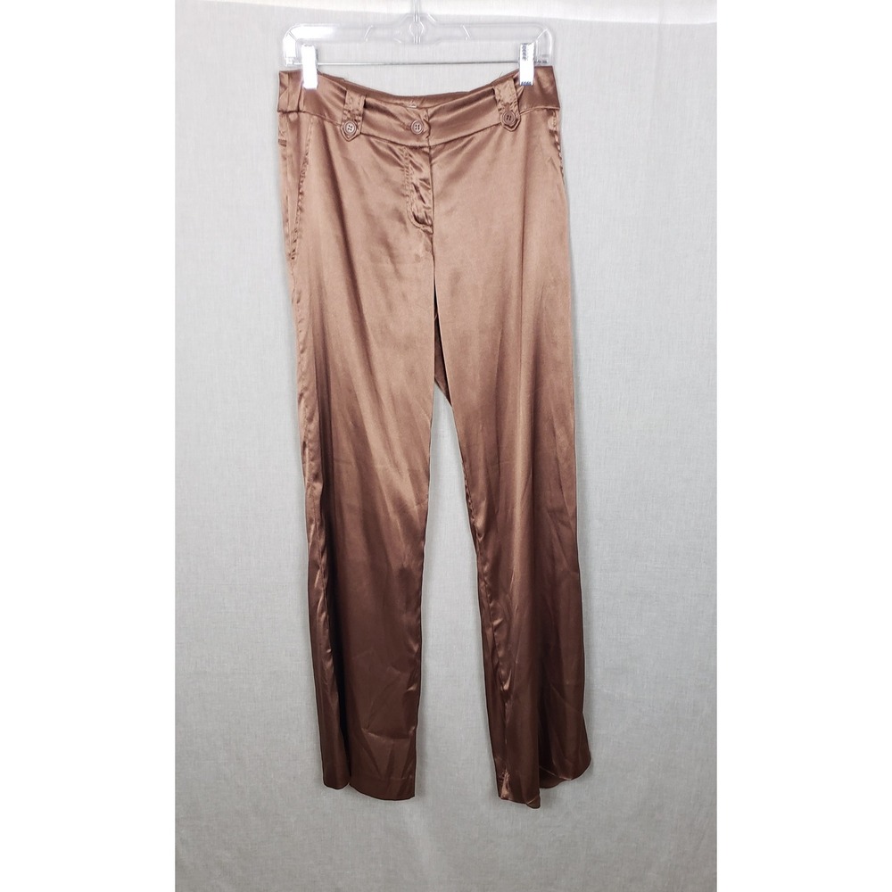 Cache Womens Bronze Satin Wide Leg Dress Pants Size 4 Mid Rise Evening Trousers